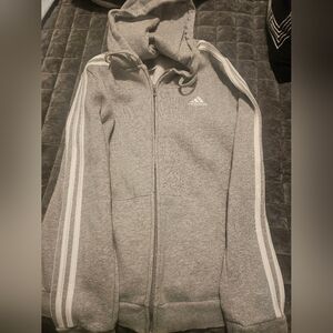 Adidas Grey Three-Stripe Zip Hoodie